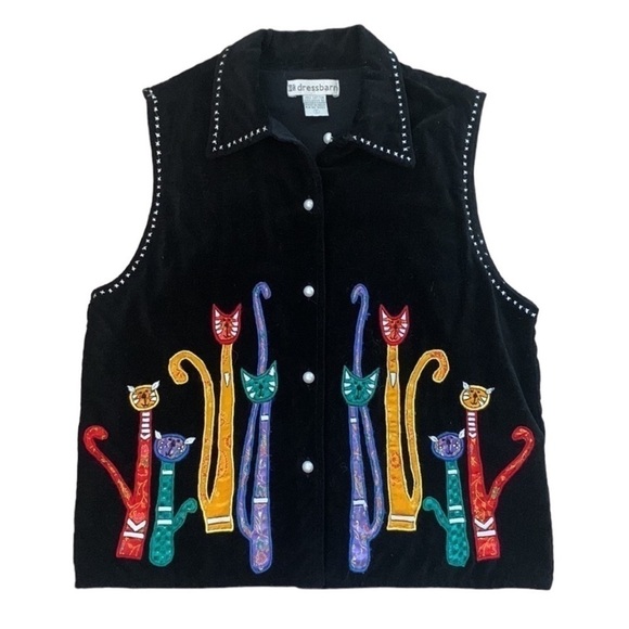 Black Velvet Vest Embroidered Cats on with Pearl Buttons Size S - Picture 1 of 8